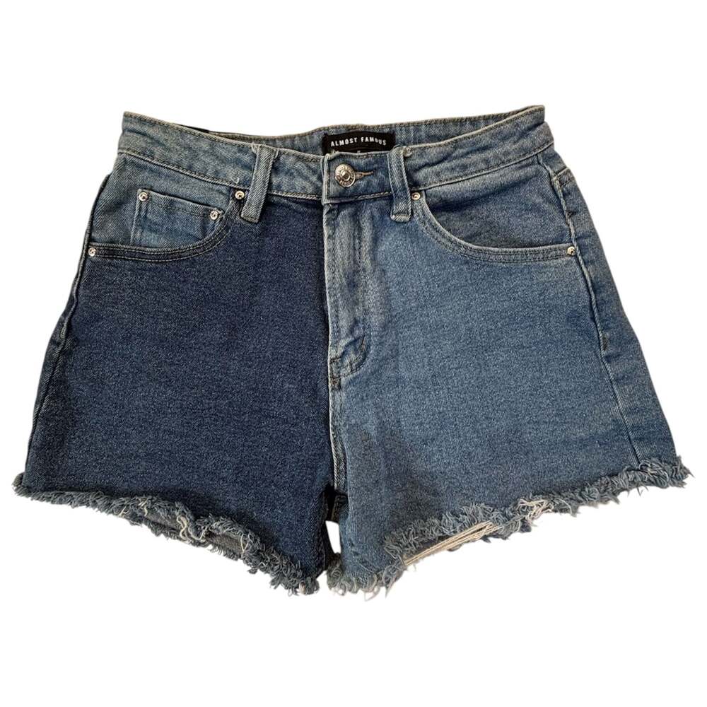 Almost Famous Two-Tone Blue Color Block Denim Frayed Hem Cut Off Shorts